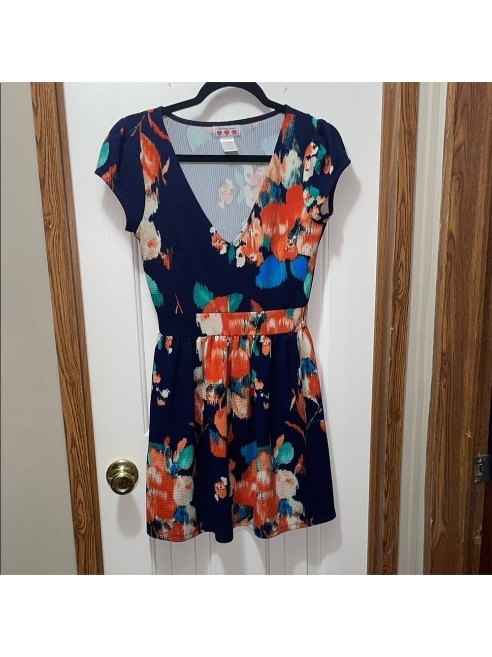Three Hearts Floral Mini Dress - Navy and Orange Small EUC